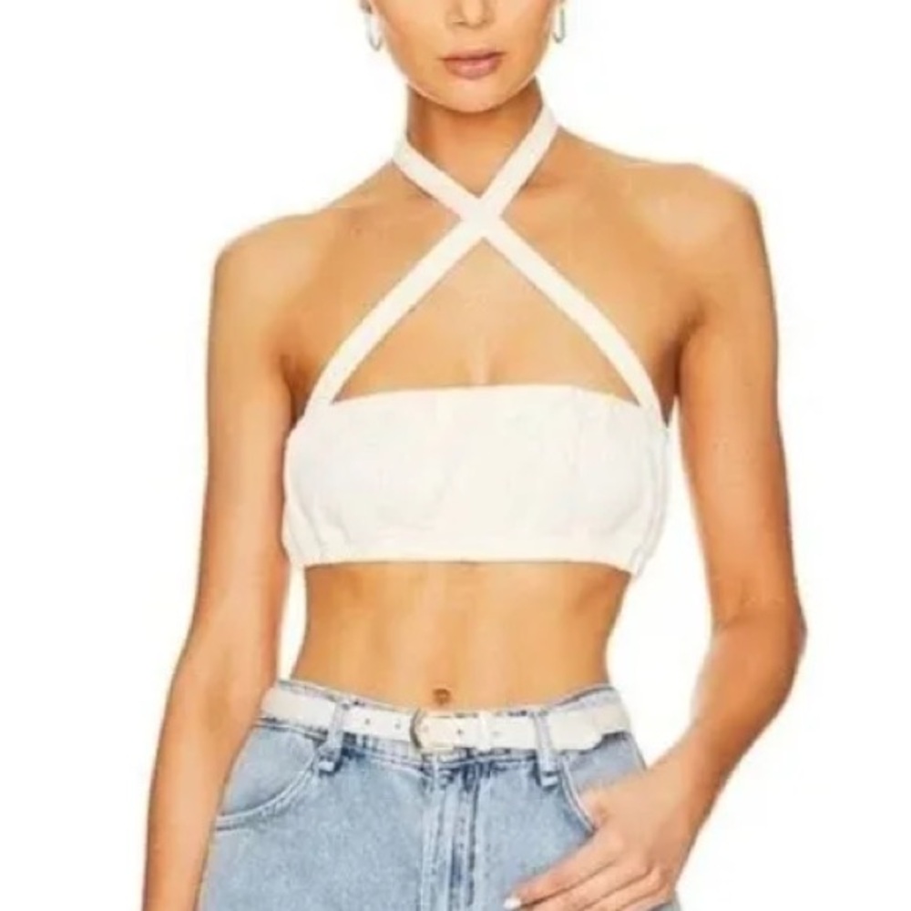 WeWoreWhat Ribbed Tie Halter Bra Top Size Medium Beige Cottagecore NWT Revolve